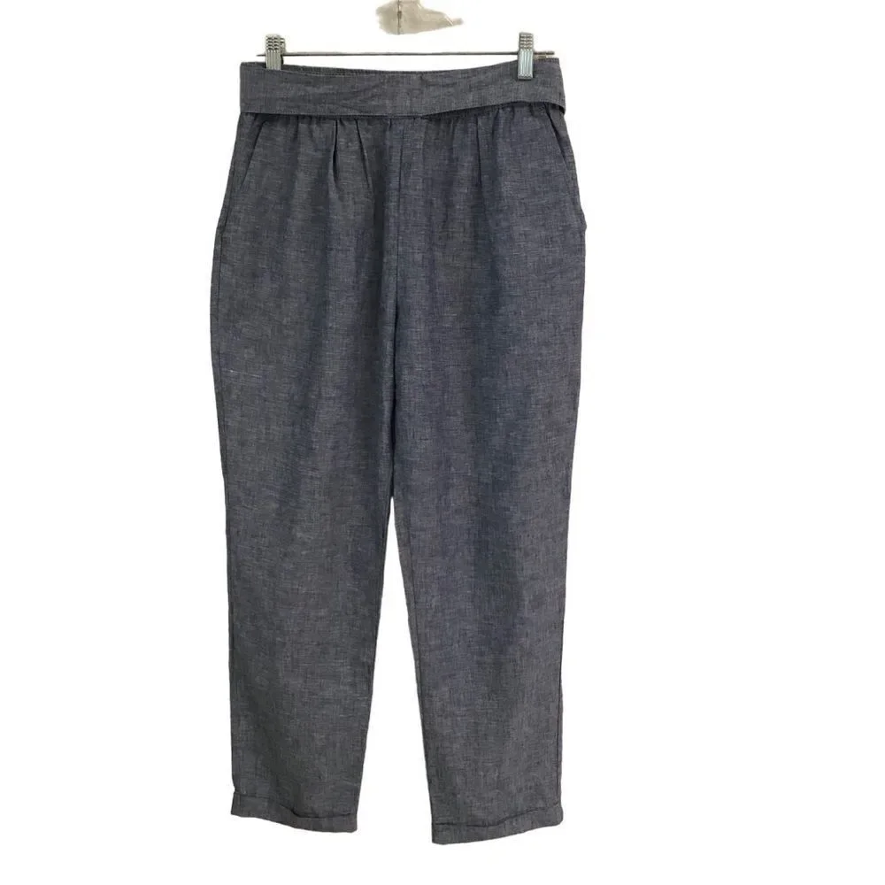 Zara chambray linen blend tie front cropped pants S‎